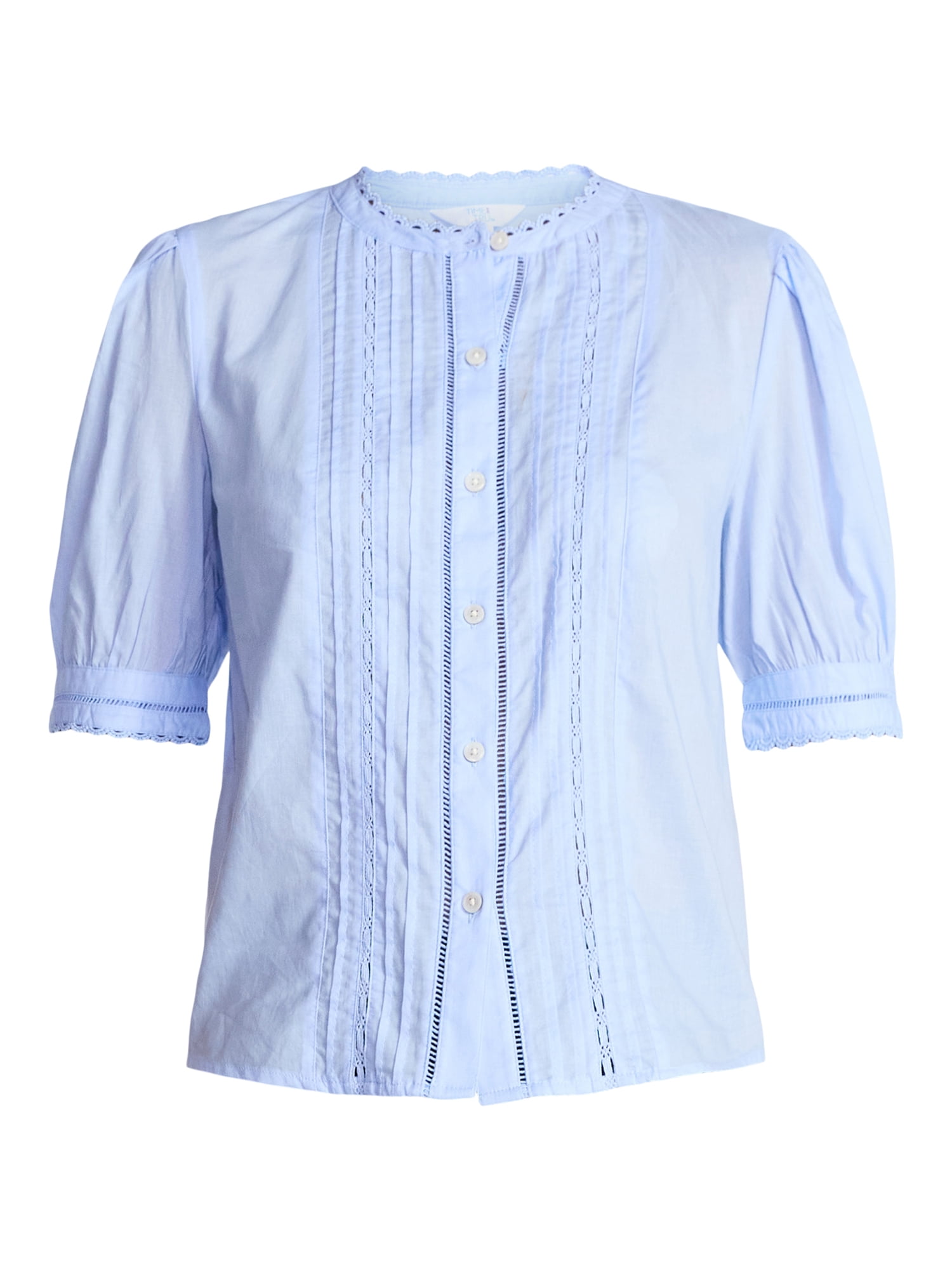 Time and Tru Women's and Women's Plus Cotton Lace Inset Blouse with Elbow Length Sleeves, Sizes XS-4X