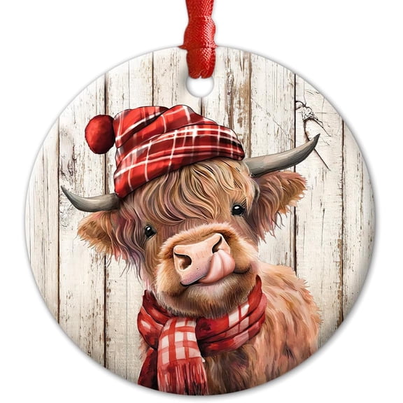 Highland Cow Christmas Ceramic Ornaments - Gifts for Cow Lover - Cute Highland Cow Decor Rustic Home, Vintage Car Interior Accessories - Farmhouse Cattle Hanging Ornament A1