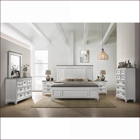 Bedroom Furniture Set, 6-Piece King Modern Farmhouse Wood with Weathered White Finish | Wood | Standard Beds