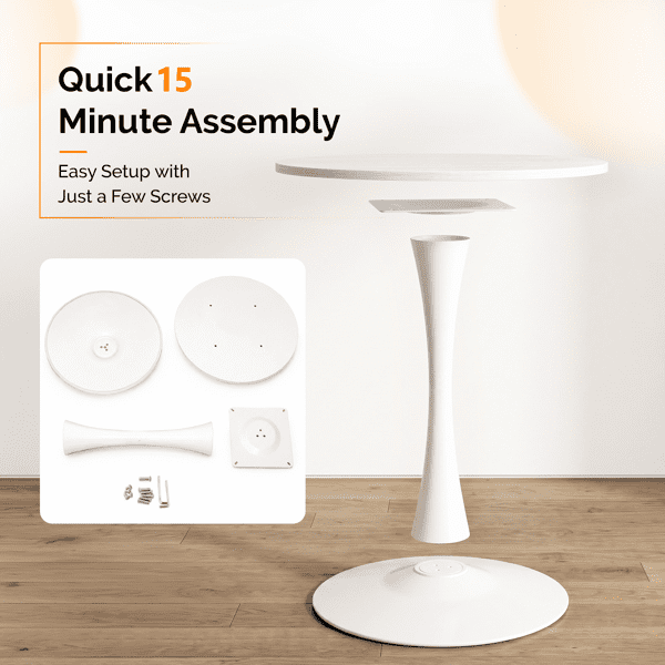 Round Tulip Dining Table, 27.6 Inch Circular Kitchen Table for 2 People, Melamine Laminated MDF Tabletop with Metal Pedestal Base, Easy Assembly Breakfast Table for Dining Room, Apartment, White