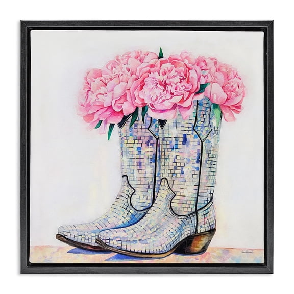 Stupell Industries Floral Shimmering Cowgirl Boot Floral Painting Black Floater Framed Canvas Art Print Wall Art, 18 x 18