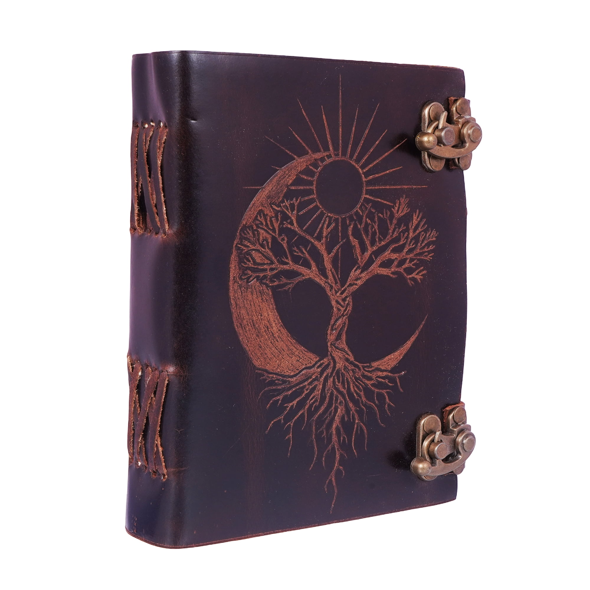 Sun Moon Tree Leather Journal – Handmade Brown 5x7 Embossed Diary with Celestial Tree Design