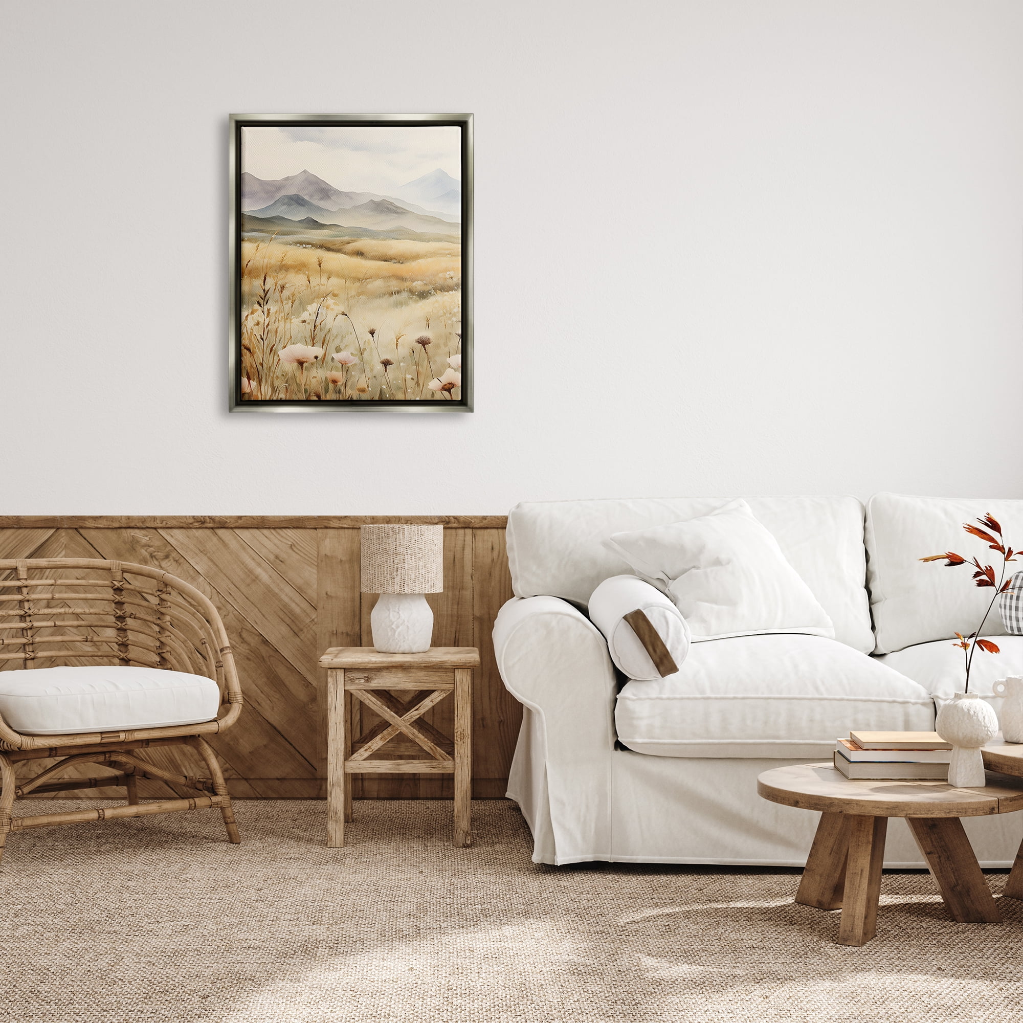 Stupell Industries Soft Mountainside Meadow Landscape Painting Gray Floater Framed Canvas Art Print Wall Art, 25 x 31