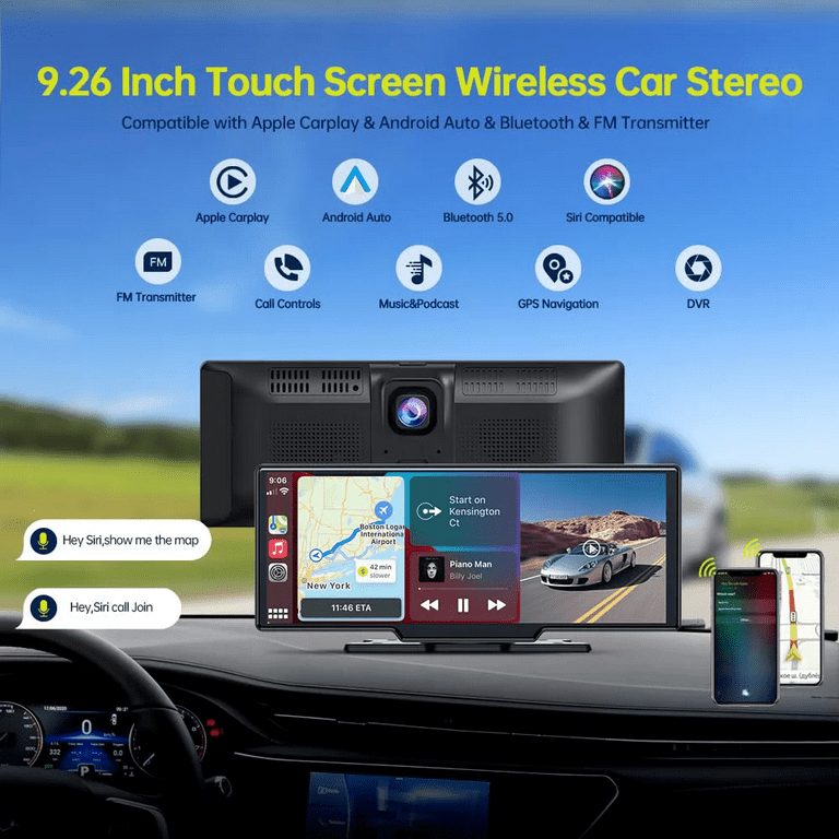 Hikity Wireless Carplay Android Auto Portable Car Stereo, 10.26 Inch HD Car  Play Screen with 2.5K Dash Cam, 1080P Backup Cam, 64G TF Card, Loop