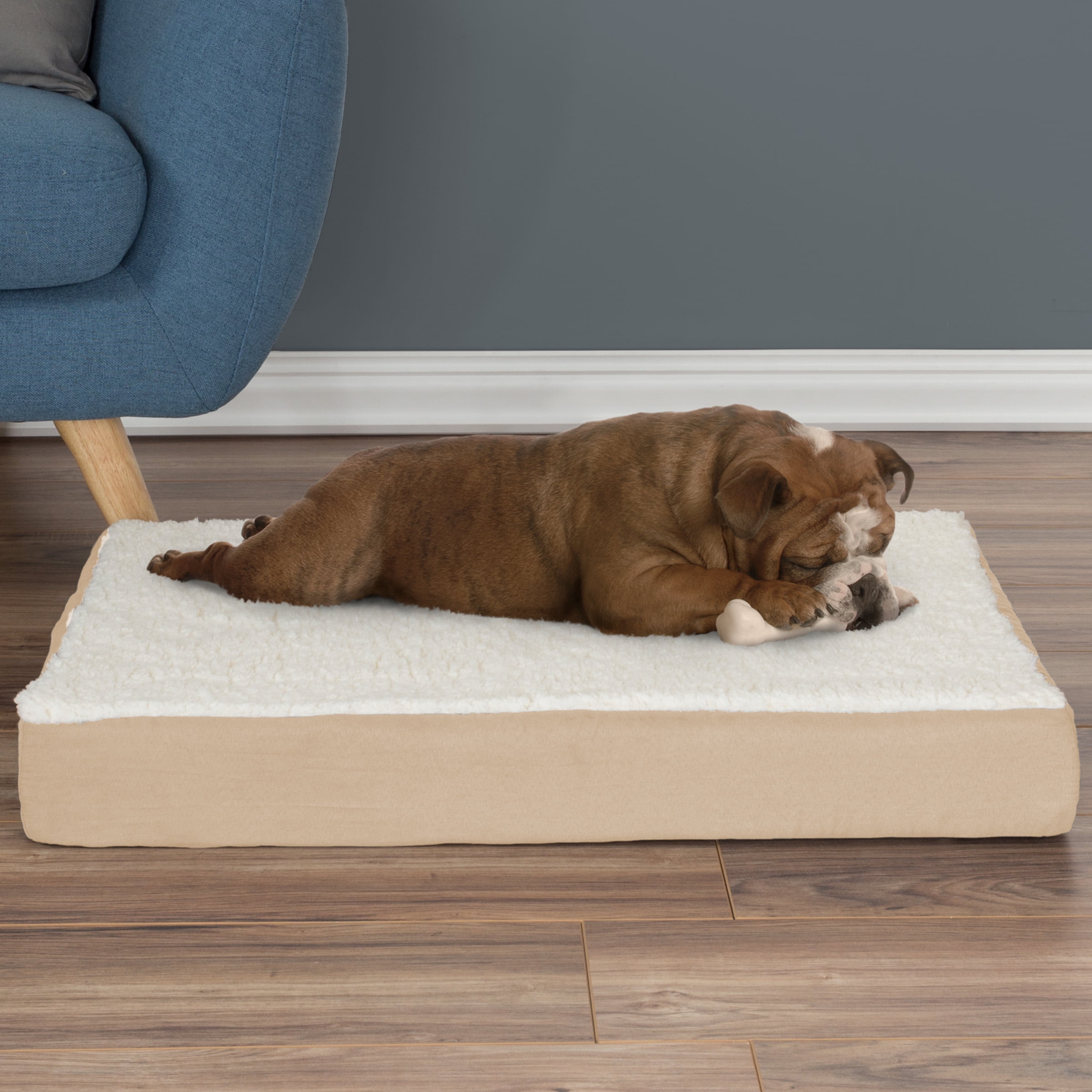 PETMAKER 30x20.5 Orthopedic Dog Bed with Memory Foam and Sherpa Cover, Tan
