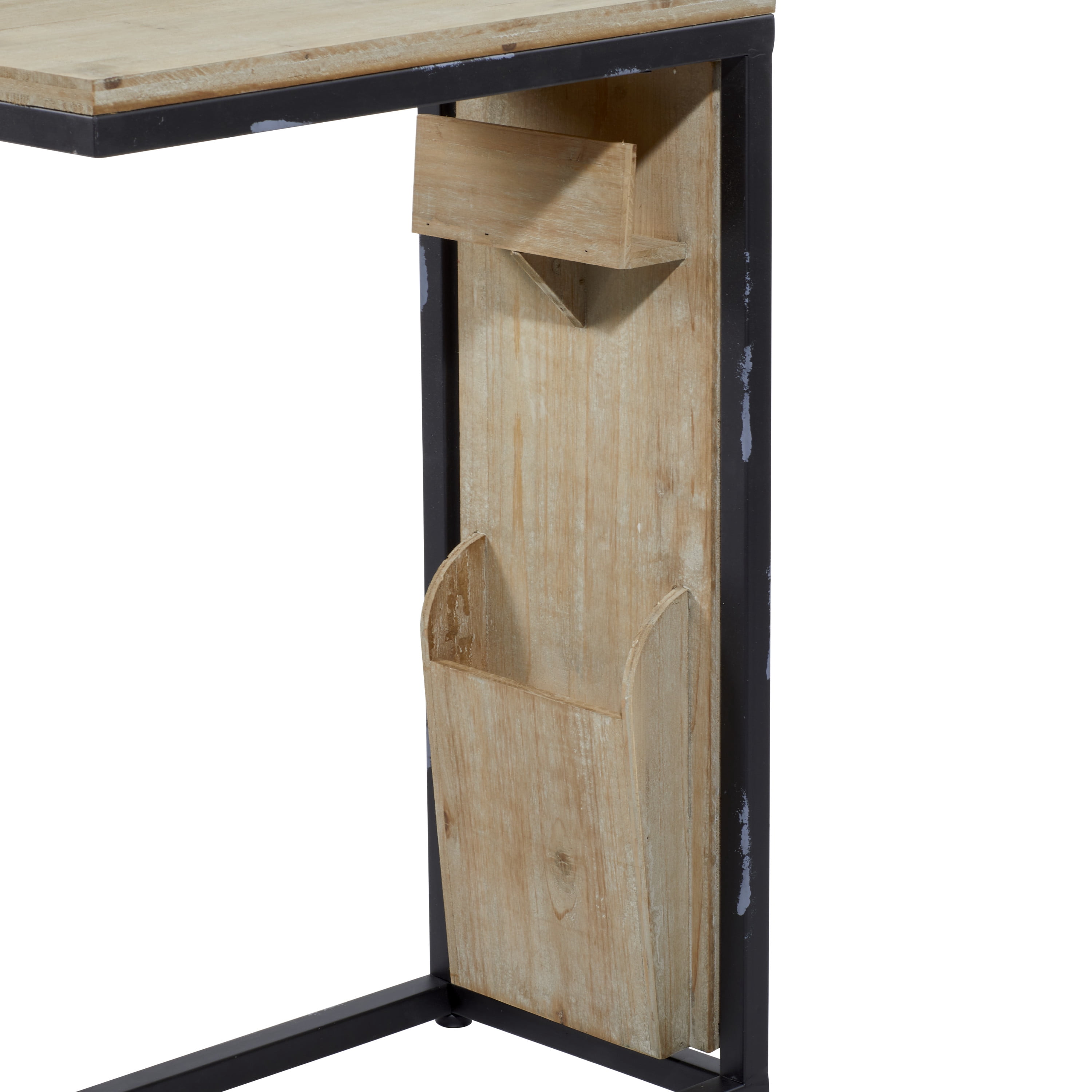 DecMode Wood Industrial C Shaped Accent Table with Storage Slots and Light Brown Finish, 20"W x 24"H