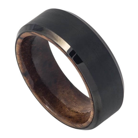 Custom Personalized Engraving Wedding Band Ring Set for Him & Her - 8mm Black IP Plated Brushed Finish Beveled Edge with African Sapele Mahogany Wood Sleeve/Inner Ring
