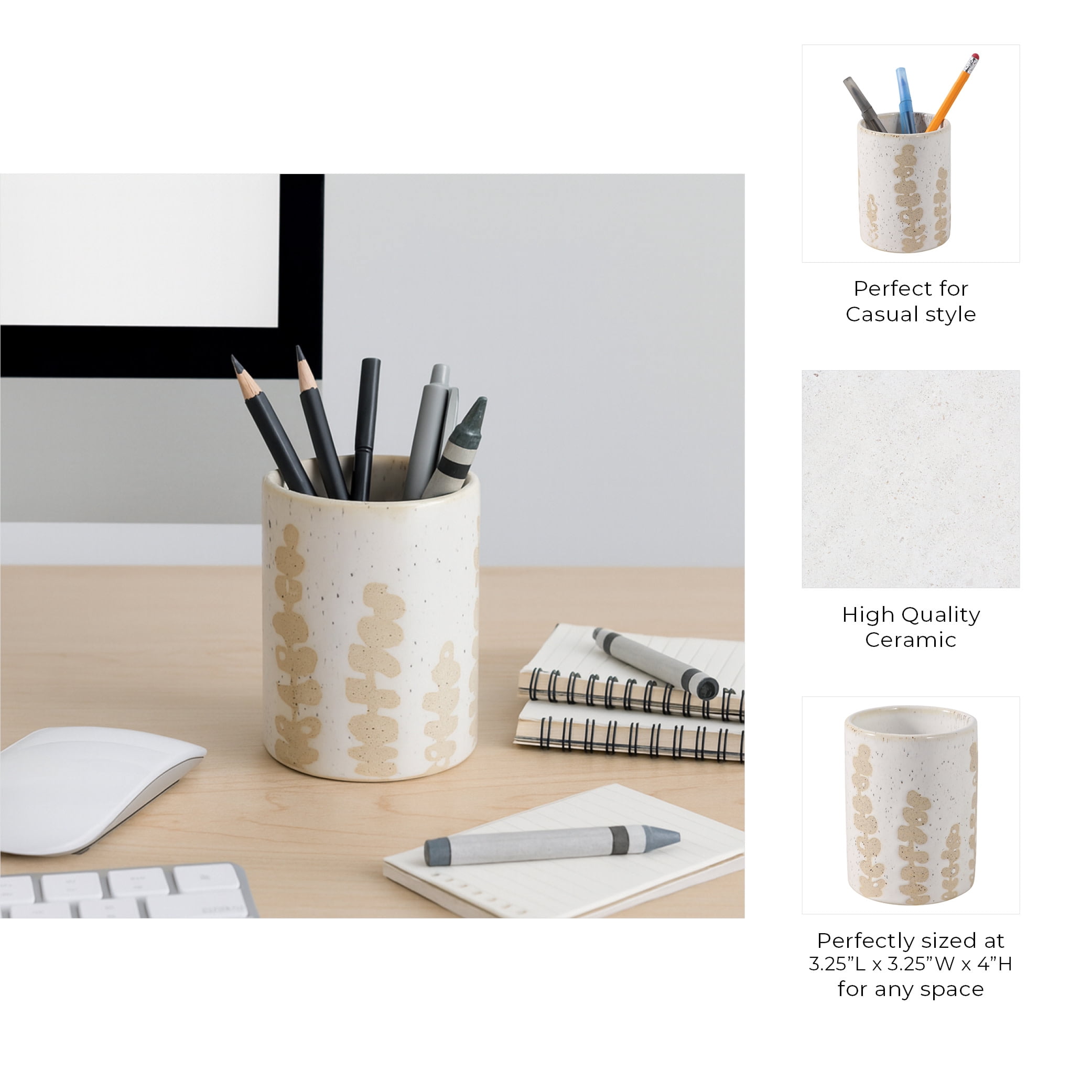 Decorative Desk Organizer with Wild Plant Print Design - Desktop Storage for Workspace Accent or Small Desk Decor - Functional Office Accessory for Bathroom, Bedroom, or Home Decor - 4", Tan & Ivory