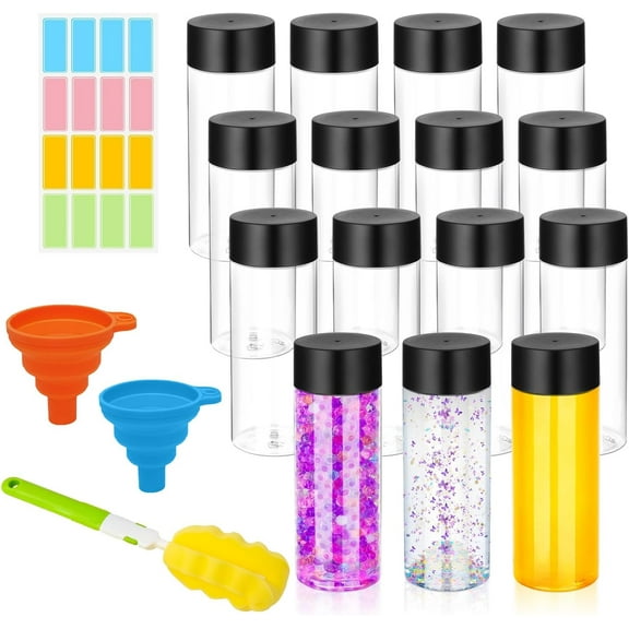 16 Pcs Clear Plastic Bottles Empty Sensory Bottles with Caps, PET Plastic Juice Bottles Reusable Bulk Leakproof Drink Containers Clear Water Bottle for Juice Milk (Black Lid, 10 oz/ 300 ml)