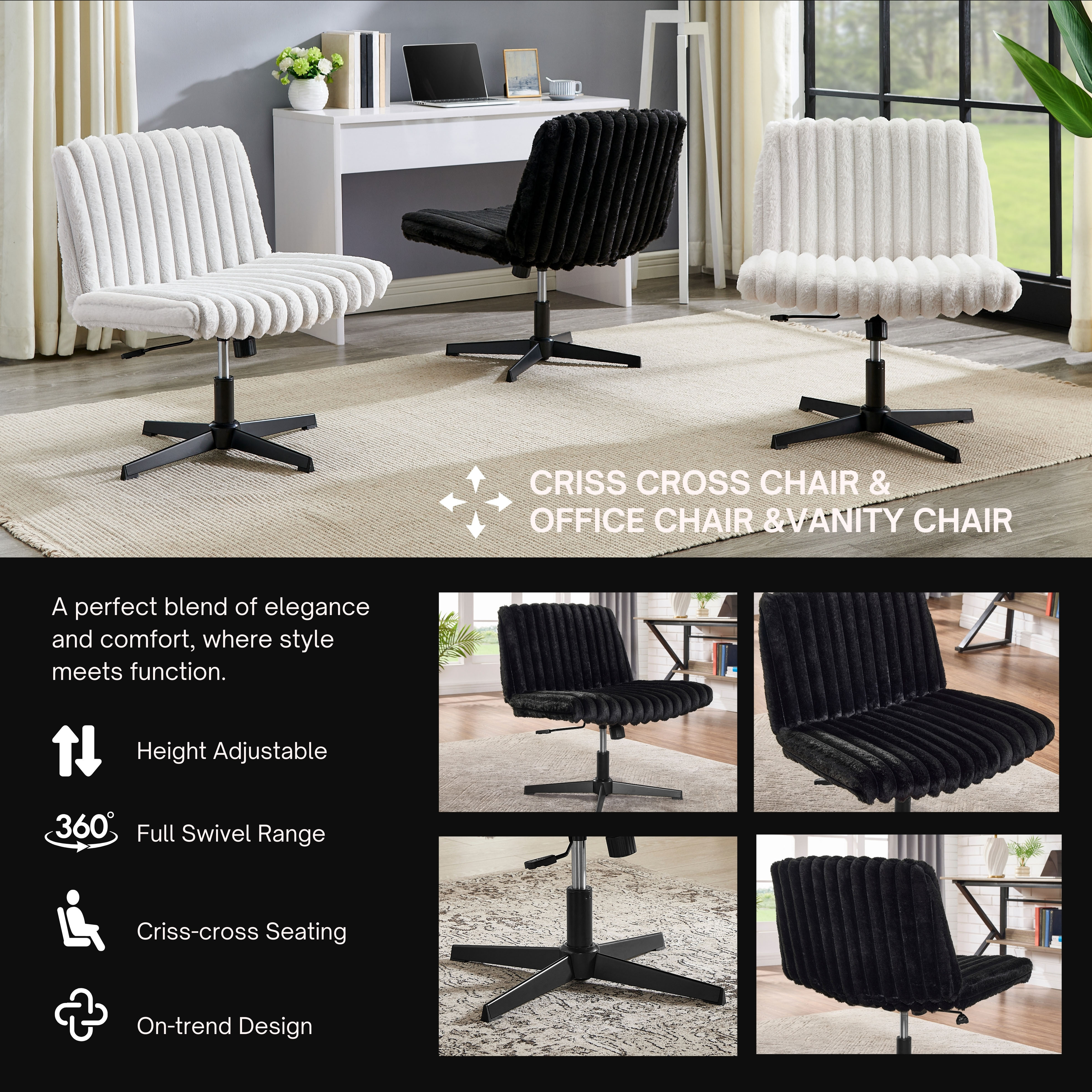 CQSXDA Wide Seat Adjustable Swivel Criss Cross Chair, for Office and Vanity Use, Ergonomic Design