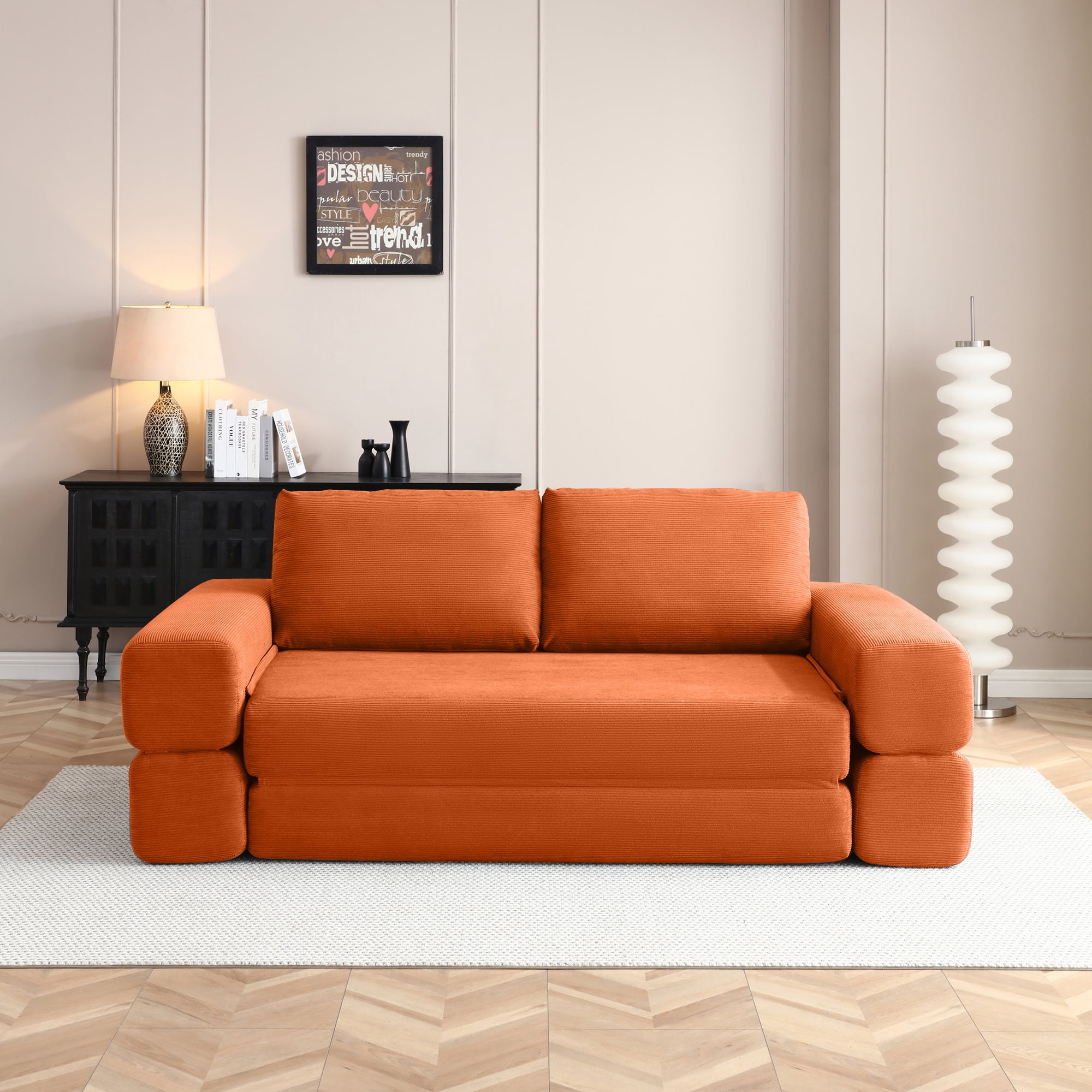 81-Inch Convertible Sofa Bed with Pillows, 3-in-1 Folding Floor Couch and Corduroy Futon Sleeper Mattress for Living Room and Bedroom, Orange