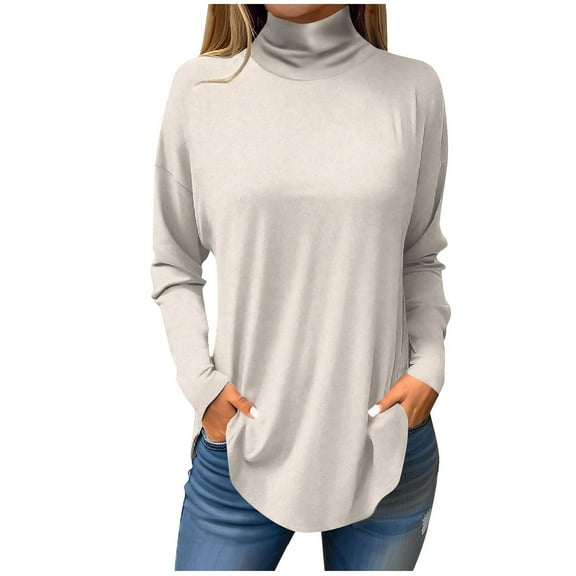 TQWQT Mock Turtle Necks Tops for Womens Fall Solid Color Printed Tunic Top Long Sleeve Plus Size Shirt Loose Fit Mockneck T Shirts Trendy Curved Hem Graphic Tee Beige M