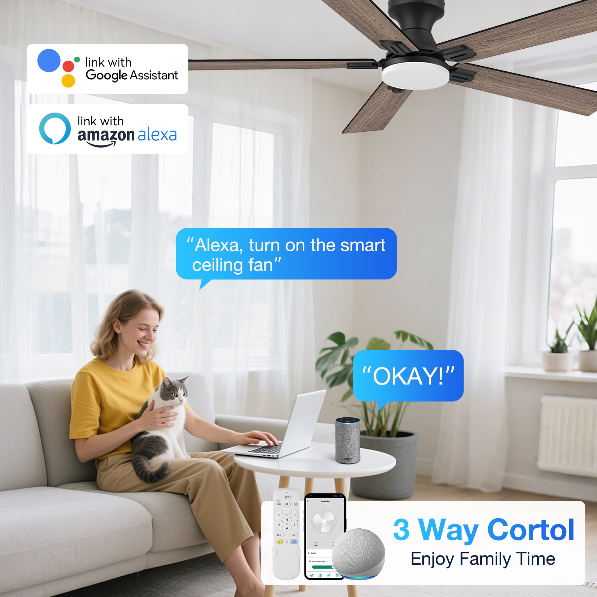 52” Smart Wood Flush Mount Ceiling Fans with Lights Remote,Quiet DC Motor,Outdoor Indoor Low Profile Ceiling Fan,Voice WIFI Alexa App Control,Dimmable,6-speed,for Modern Bedroom Patio