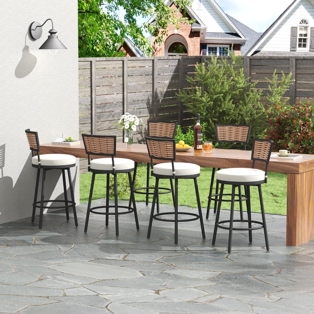 6-Piece Swivel Metal Outdoor Bar Stool Set with Rattan Backrest and Beige Cushions