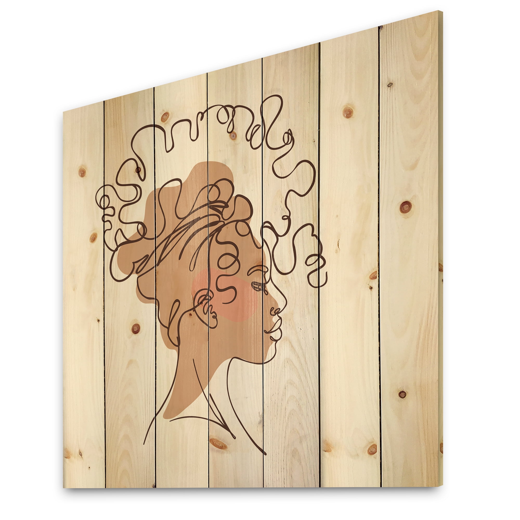 Designart 'One Line Portrait of Afro American Woman I' Modern Print on Natural Pine Wood