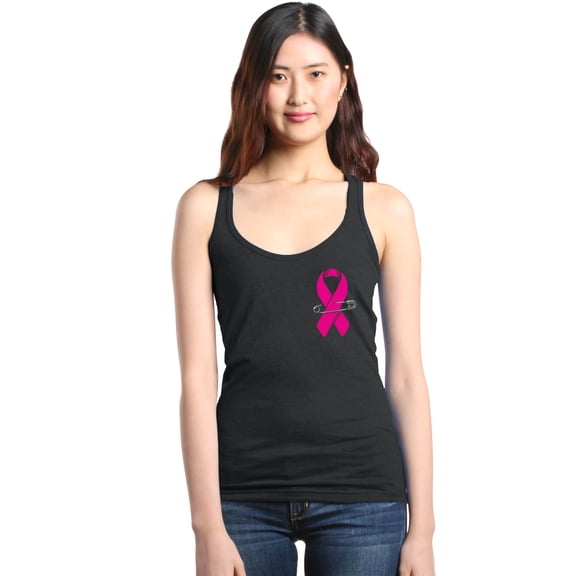 Shop4Ever Women's Pink Breast Cancer Ribbon Pin Breast Cancer Racerback Tank Top Small Black