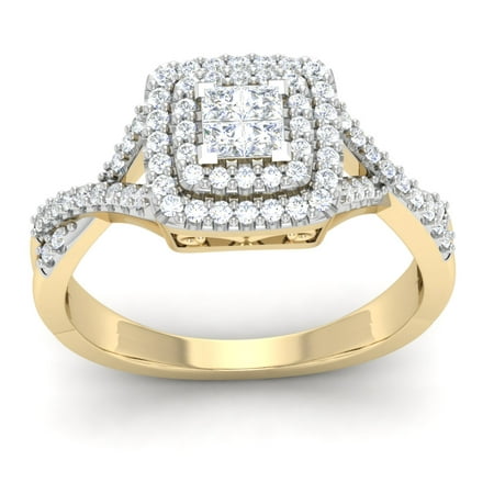 10K Yellow Gold 0.50 Ct Princess Cut Natural Diamond Cushion Frame Engagement Ring I2