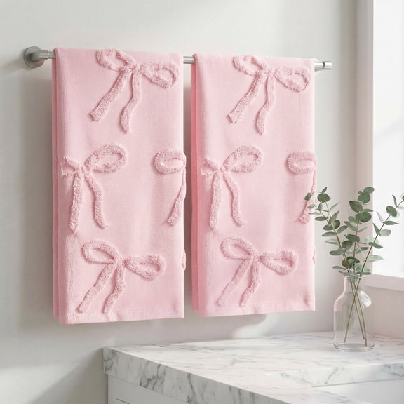 2-Pack Pink Bow Jacquard Hand Towels - 100% Cotton Absorbent Bathroom Towels, Coquette Decorative Bath Decor, 13.7 x 29.5 Inch (Set of 2)