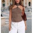 thumbnail image 4 of Women Halter Neck Pleated Twist Front Tank Tops Trendy Slim Fit Sleeveless Hollow Out Halter Top Clubwear Brown M, 4 of 9