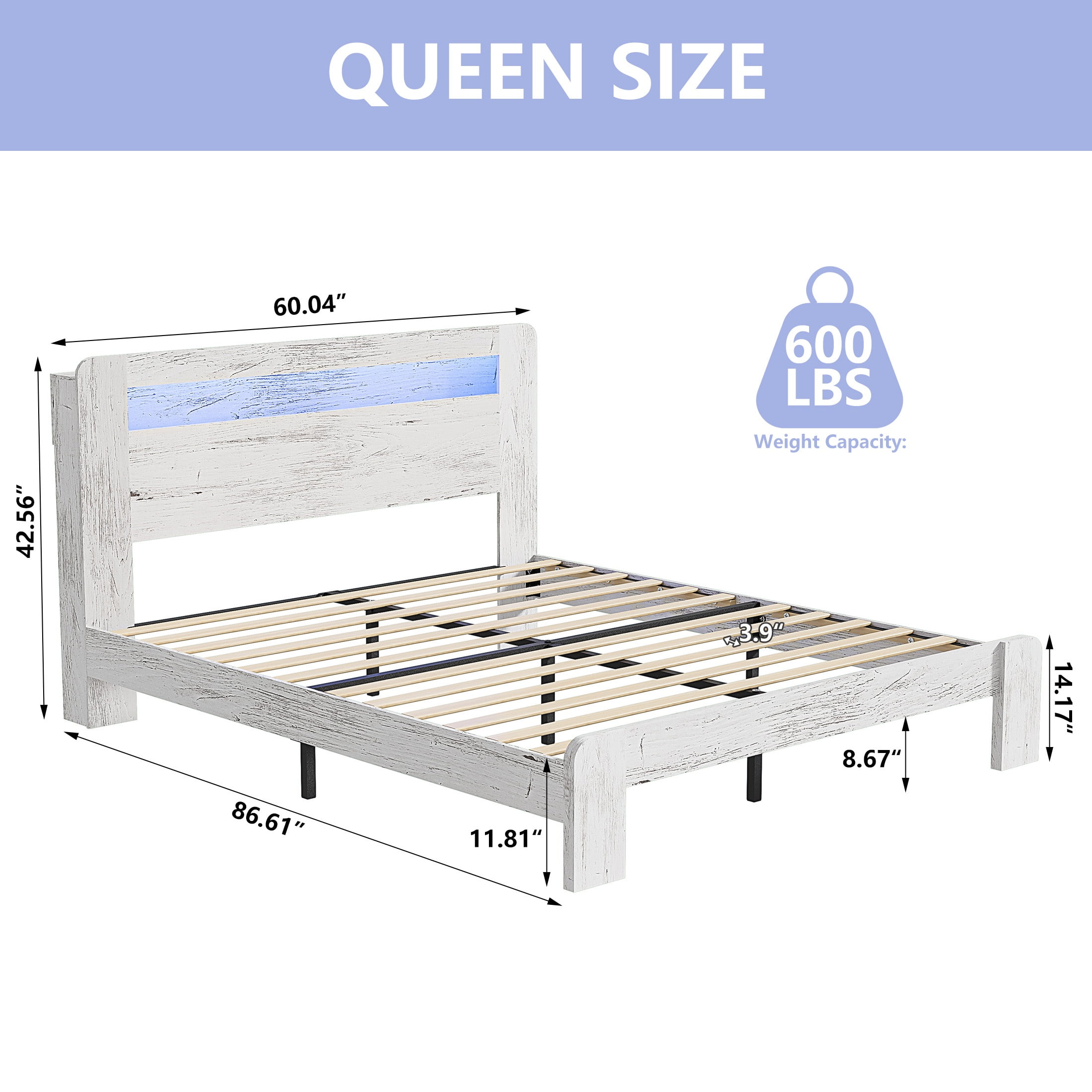 SESSLIFE Queen Size Bed Frame with Storage, Wood Platform Bed Frame with Charging Station and LED Light, Vintage Queen Bed Frame with Headboard and Wood Slats, No Box Spring Needed, White/Grey