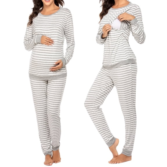 KISSGAL Nursing Pajamas Set for Women Striped Knit Maternity Lounge Set Thermal Underwear Sets Fall & Winter Maternity Wear Long Sleeve Top & Pants for Pregnant