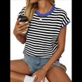 thumbnail image 3 of Camisetas de Mujer Elegantes, Informales, de Corta, con Bloques de Color, A Rayas y Cuello Redondo, Color Azul XL, 3 of 8