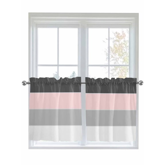 Half Window Curtains 24 Inches Long, Pink Grey Striped Window Treatment Curtain Drapes, Farmhouse Modern Short Curtains Tiers for Kitchen Over Sink, 27.5"x24", 2 Panels