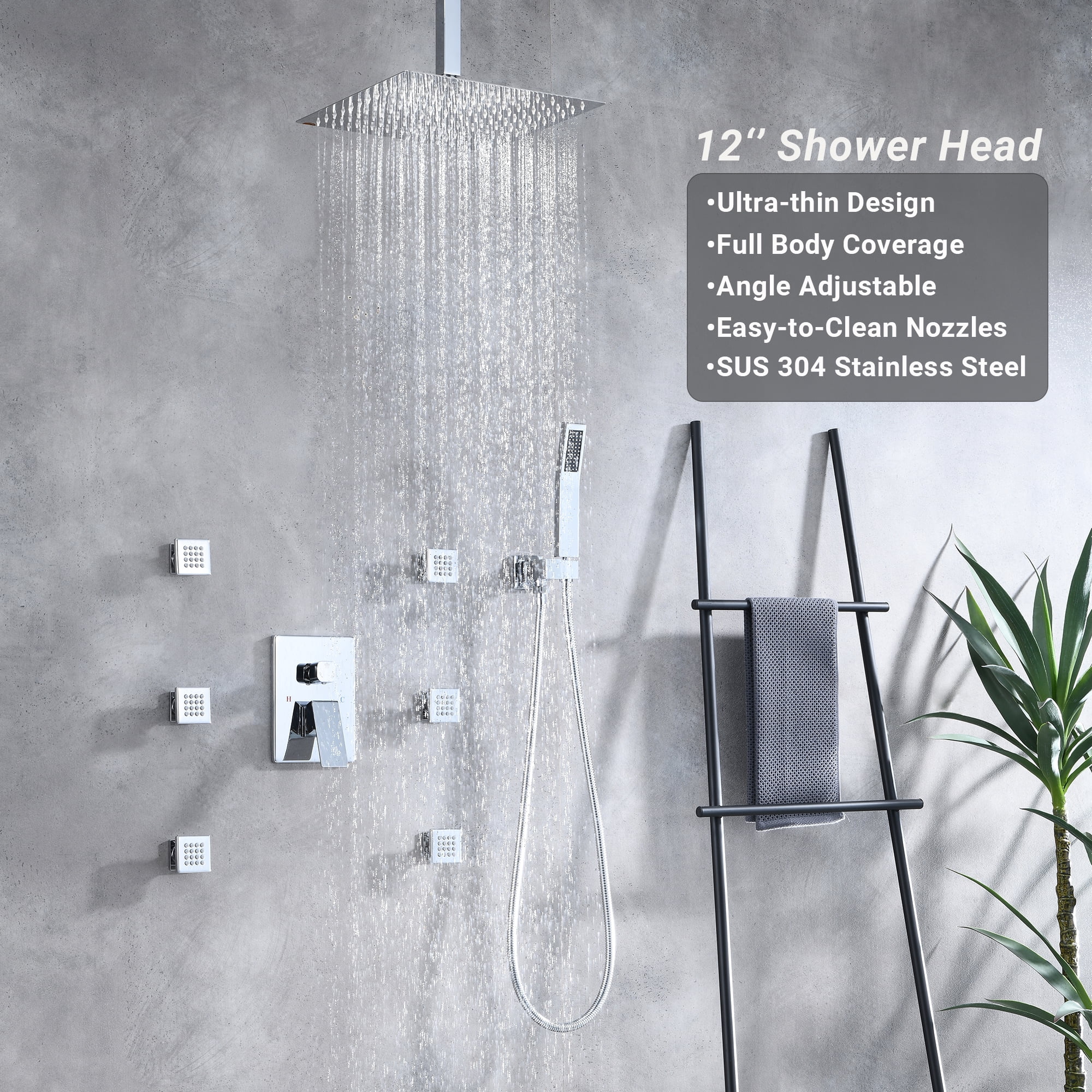 Full Body Shower System with Body Shower Spray Jets, 12'' Ceiling Shower Head System with Jets & Hand Shower, Polished Chrome Rain Shower System Faucet Set with Jets & Valve