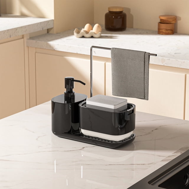 Dispensador de jabón Nhthy para fregadero de cocina con bandeja, organizador para jabón de manos y lavavajillas para encimera, dispensador doble con soporte para esponja. Negro