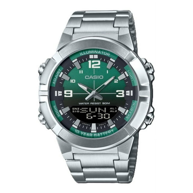 Casio Reloj Analógico-digital Combinado, Acero Inoxidable, Esfera Verde, Cuarzo, AMW-870DA-3AV para Hombre.
