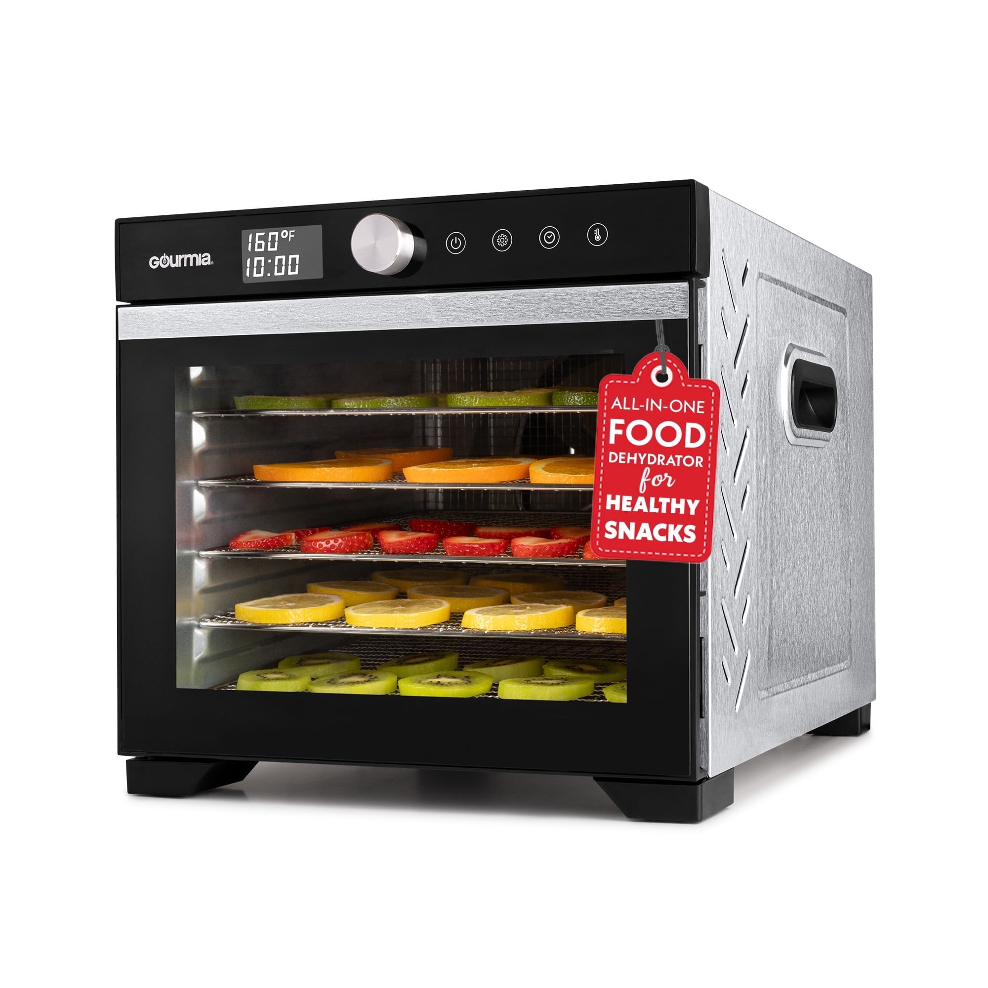 Gourmia Digital Food Dehydrator 6 Stainless Steel Trays, 360 Airflow, One-Touch Presets, Adjustable Temp 95–165°F, Timer, Glass Door, Quiet, 600 Watts