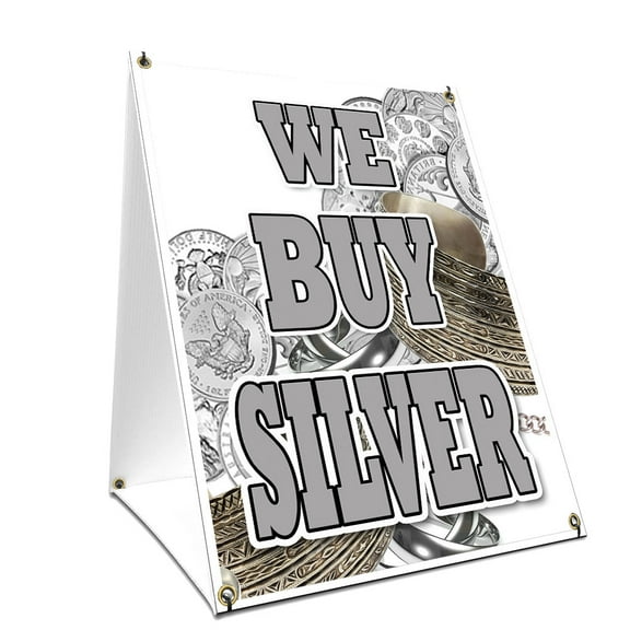 A-frame Sidewalk We Buy Silver Sign With Graphics On Each Side | 24" X 36" Print Size