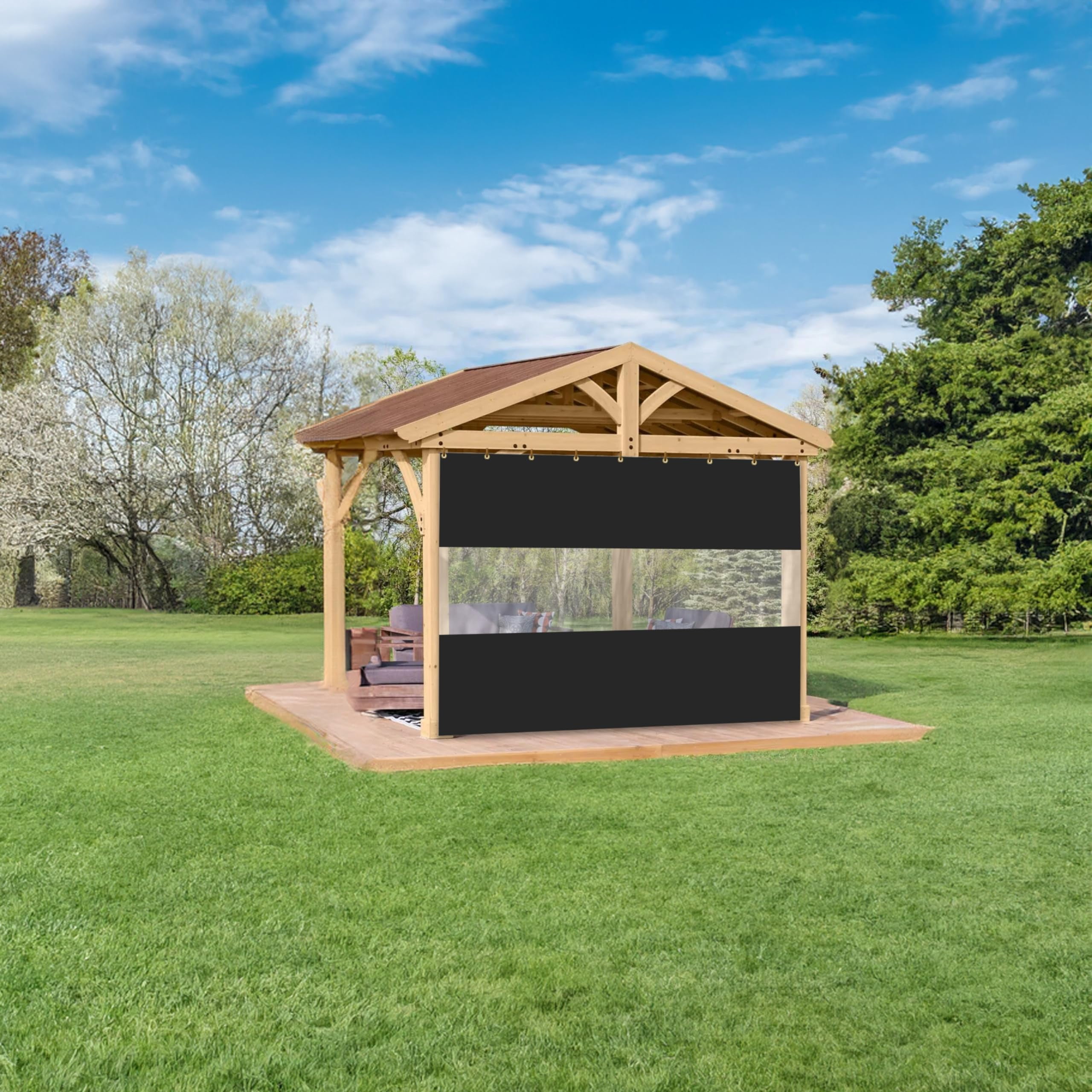Covers & All Clear Panel Curtain, 18 Oz Outdoor Curtain for Patio Waterproof & UV Resistant, Featuring Rust-Free Grommets. Ideal for Patios, Pergolas, Porches, Gazebos, (7' H X 12' W Feet, Black)