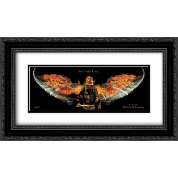 Fireman No Greater Love 2x Matted 22x10 Black Ornate Framed Art Print by Jason Bullard