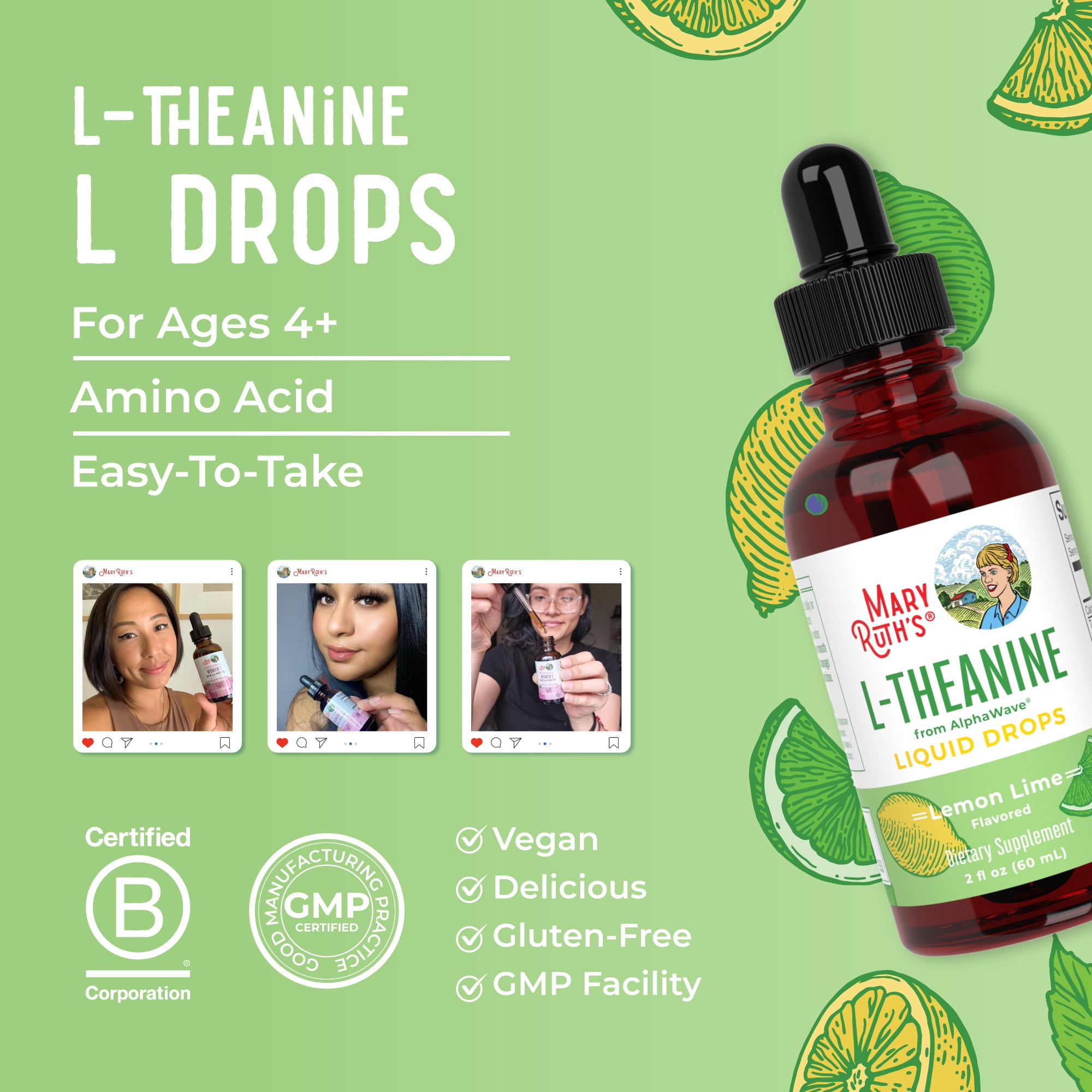 MaryRuth's L-Theanine 200mg Liquid Drops Stress Relief Vegan Supplement Unisex 30 Servings 2 fl. oz.