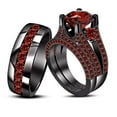 thumbnail image 2 of 14K Black Gold Plated 2.24Ct Simulated Garnet Men's & Women's Wedding Engagement Trio Ring Set, 2 of 3
