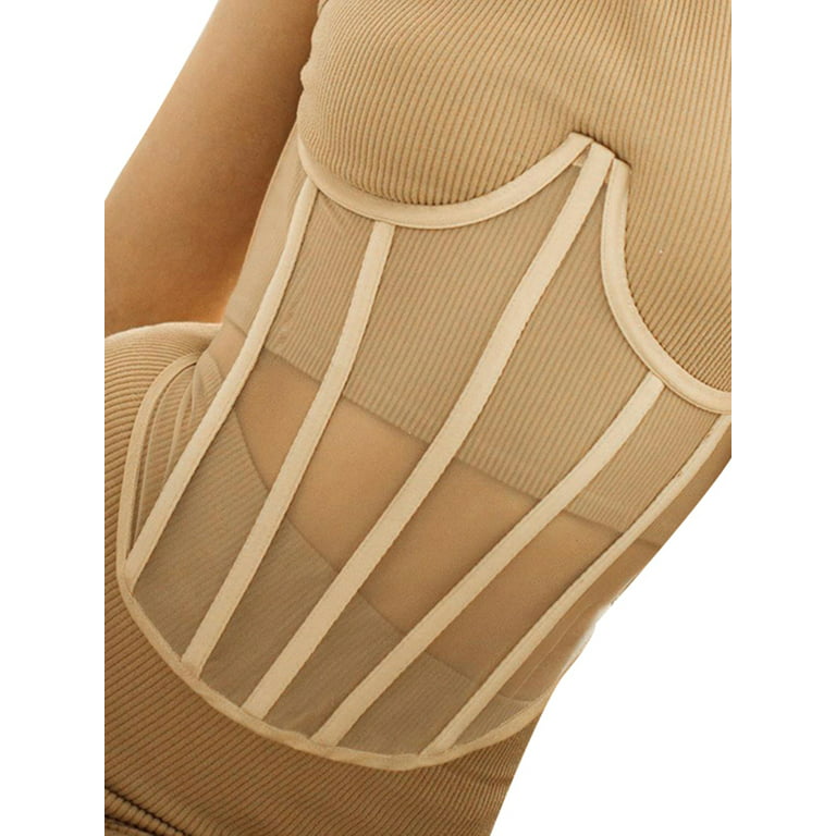 wybzd Mesh Breasted Corset Belt Ladies Sleeveless Fashion Luxury Harness  Corset Club Party Sheer Cupped Strapless Cummerbunds Apricot S