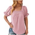 thumbnail image 2 of Pincandy Fashion Women's Casual Comfortable Solid Short Sleeved Top Blouse T-Shirt Summer Tops Sqaure Neck Ruffle Sleeve Blouses Babydoll Shirts,Pink,2XL, 2 of 4