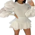 thumbnail image 1 of Women Ladies Puff Sleeve Tops Pullover Sweater Blouse Jumper Ribbed Shirt, 1 of 4