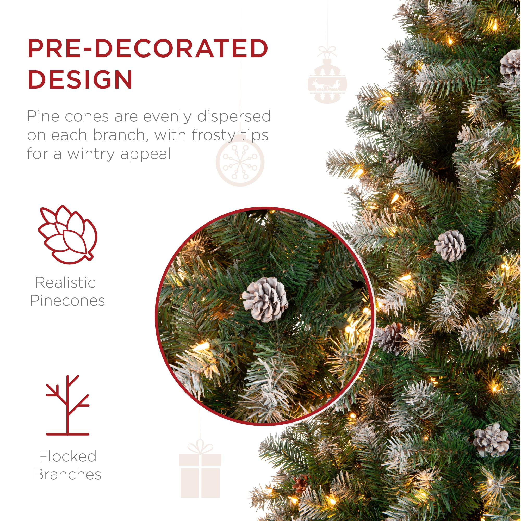 Best Choice Products 7.5ft Pre-Lit Pre-Decorated Holiday Christmas Pine Tree w/ Flocked Tips, 550 Lights, Base - Green