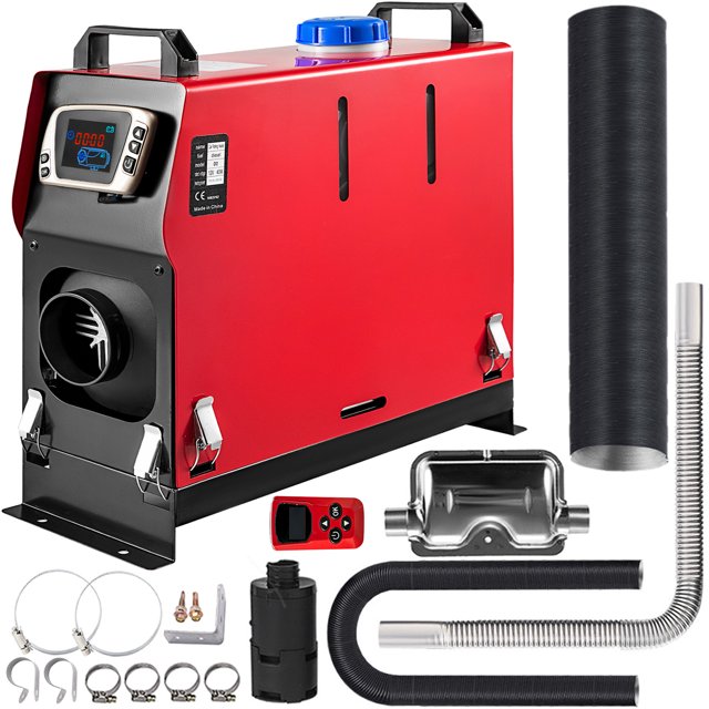 VEVOR 8KW Diesel Air Heater Muffler Diesel Heater 12V 8000W Diesel Parking Heater with remote control and LCD switch. The red and black heater features a rugged aluminum body for uniform heat dissipation and fast heating. Includes a muffler, silent fan, oil pump, and various installation accessories. Suitable for cars, buses, RVs, trucks, and boats.