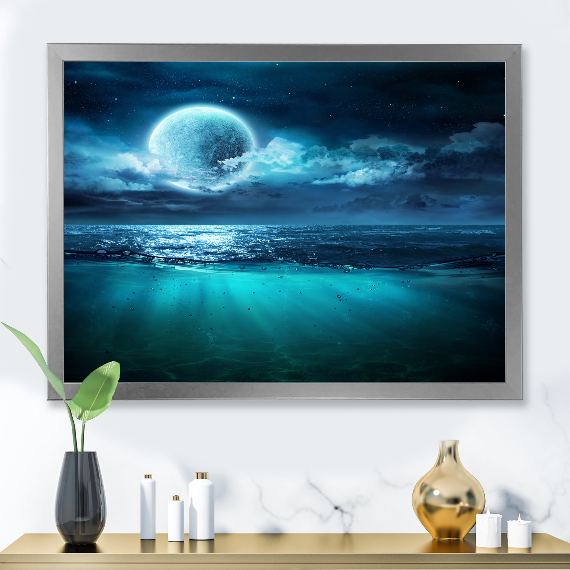 Designart 'Romantic Moon and Clouds Over Deep Blue Sea II' Nautical & Coastal Framed Art Print