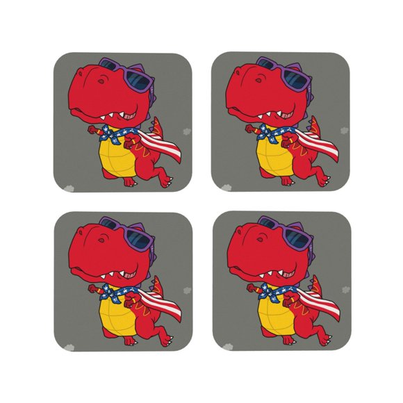 Vsdgher Dinosaur Super Hero Cartoon Print Leather Coasters for Drinks, Durable Drink Coasters 4 Set for Tabletop Protection, Luxurious Home Décor and Housewarming Gift-Square