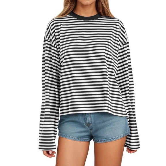 Long Sleeve Striped Tee with Contrast Collar, Women's Loose Fit Casual Top, Everyday Relaxed Shirt