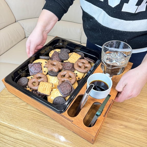 Wooden Serving Tray with Cup Holder - Rustic Coffee Table Snack Caddy for Couch, Ottoman & Bed