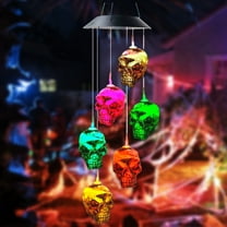 Konghyp Skull Solar Wind Chime Lights, Halloween Decoration, Solar Powered LED Light, Outdoor Skeleton String Light, Spooky Garden Decor, Colorful Windchime