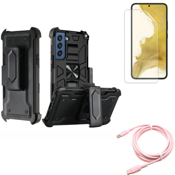 Case Belt Clip & Matte Screen Protector & Pink 10ft Long Cable for Samsung Galaxy S22 (6.1") - Holster Swivel & TPU Film Anti-Glare & USB-C to Type-C PD Fast Charger Accessory Bundle