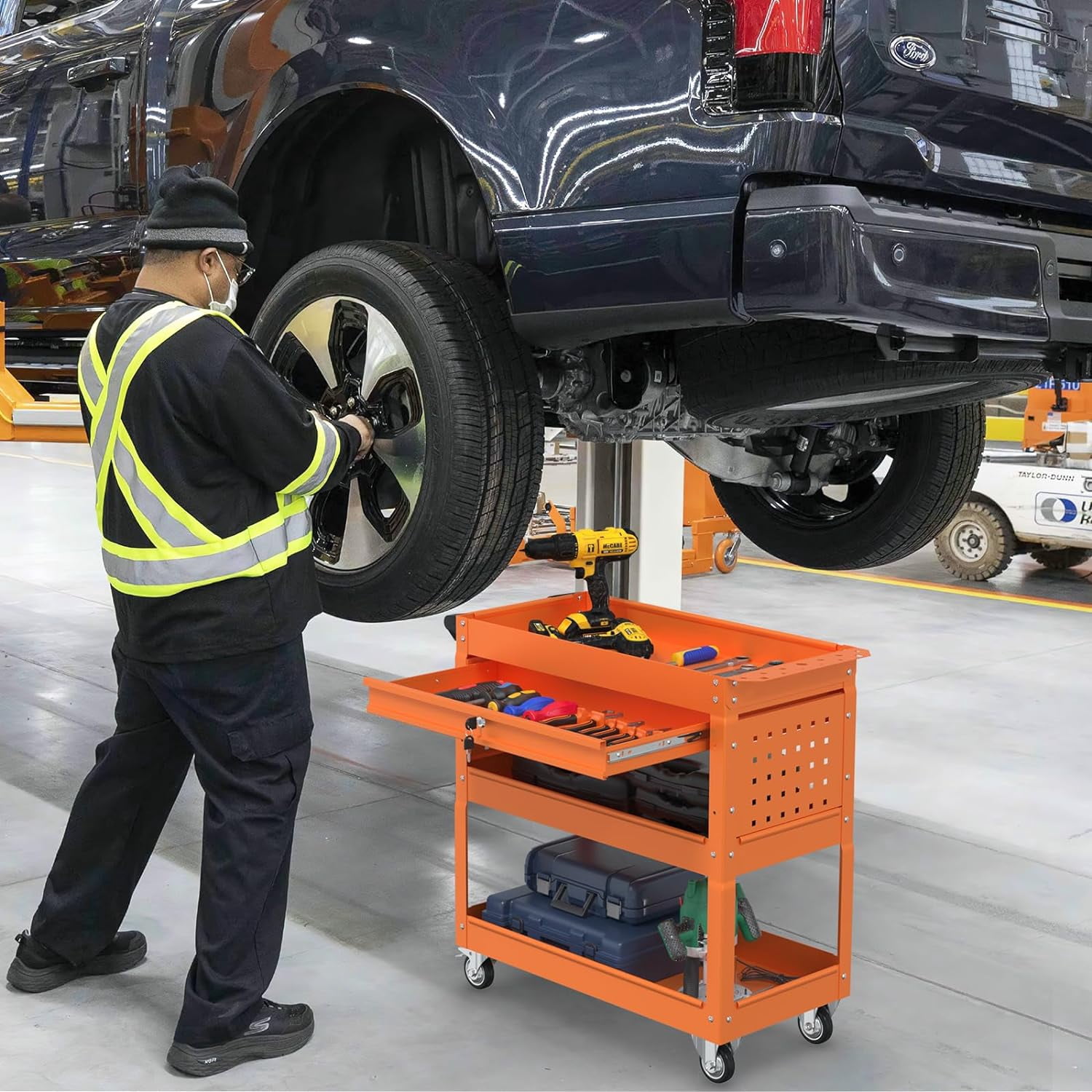 Odaof 4-Wheel Big Rolling Tool Storage Cart with Ball-Bearing Slides for Garage and Warehouse (Orange)