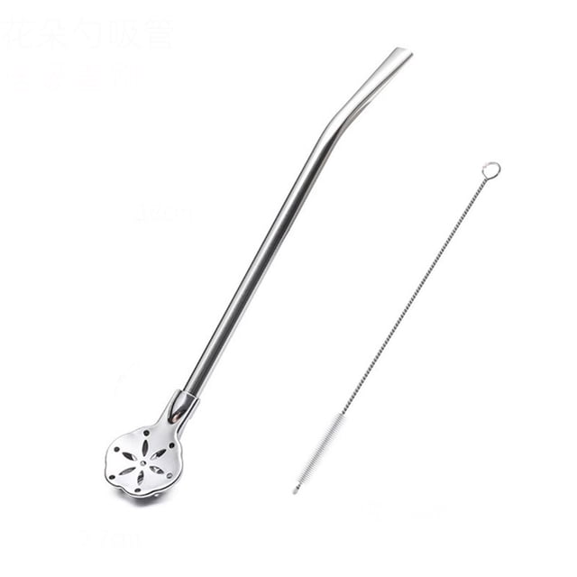 Stainless Steel Straw Spoon Coffee Beverage Stirring Spoon Milk Tea Filtering Straw Spoon With Straw Brush