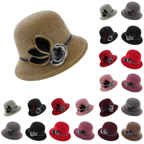 Fedoras Cap Jazz Women Pompom Dome Hat Bowler Vintage Elegant Ladies Church Winter Autumn Warm Hat Khaki One Size